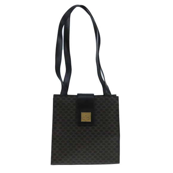 CELINE Macadam Canvas Shoulder Bag PVC Leather Black Gold Auth 104249