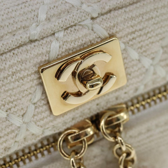 CHANEL Vanity Chain Wild Stitch Pouch Cotton White CC Auth 104339AV
