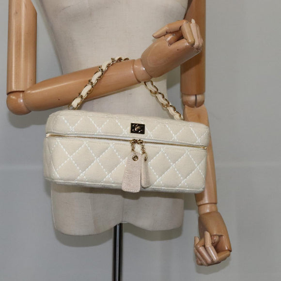 CHANEL Vanity Chain Wild Stitch Pouch Cotton White CC Auth 104339AV
