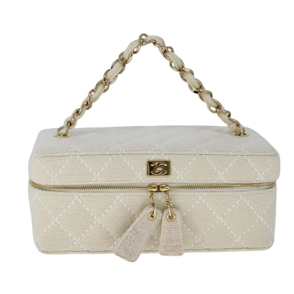 CHANEL Vanity Chain Wild Stitch Pouch Cotton White CC Auth 104339AV