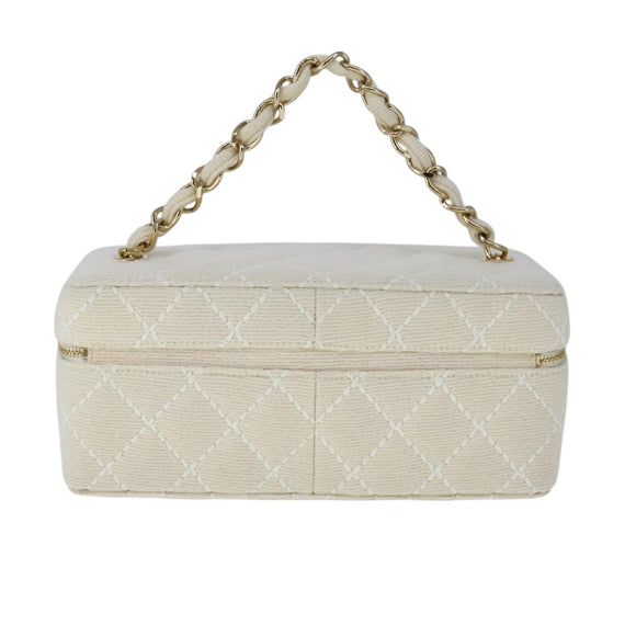 CHANEL Vanity Chain Wild Stitch Pouch Cotton White CC Auth 104339AV