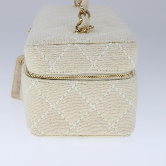 CHANEL Vanity Chain Wild Stitch Pouch Cotton White CC Auth 104339AV