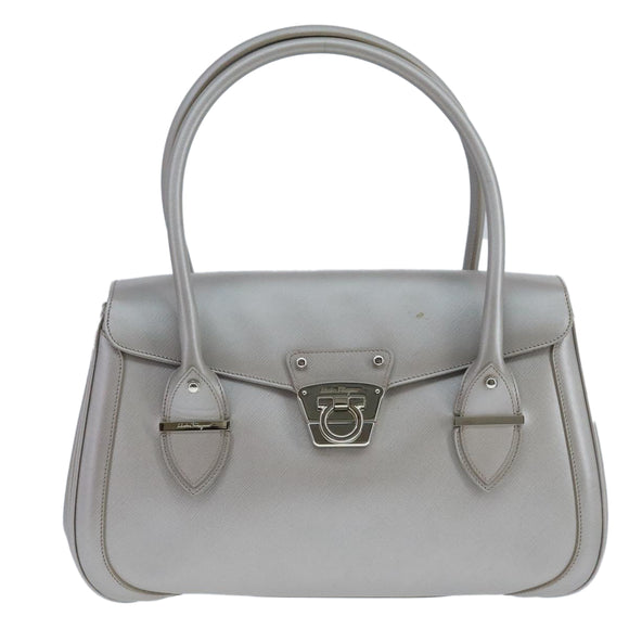 Salvatore Ferragamo Gancini Hand Bag Leather Silver Auth 104358