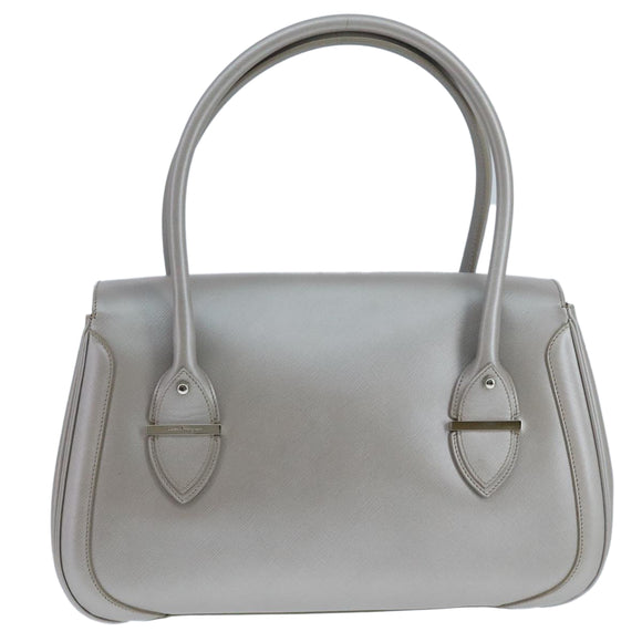 Salvatore Ferragamo Gancini Hand Bag Leather Silver Auth 104358