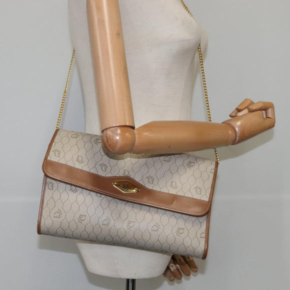 Christian Dior Honeycomb Canvas Chain Shoulder Bag PVC Leather Beige Auth 104360