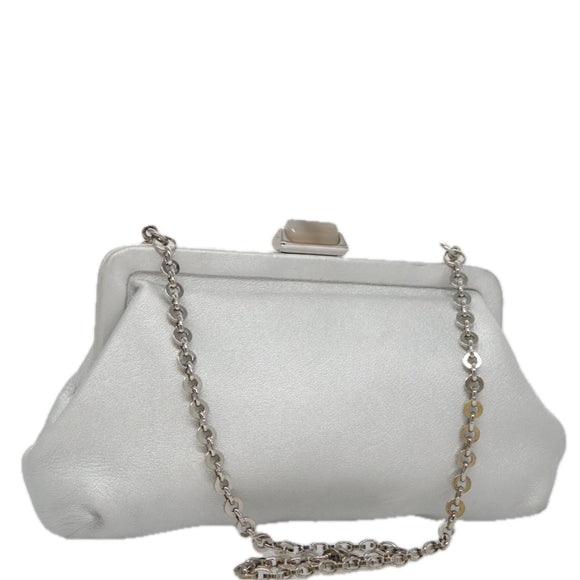 Salvatore Ferragamo Chain Gamaguchi Shoulder Bag Leather Silver Auth 104397