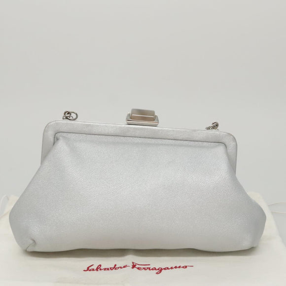 Salvatore Ferragamo Chain Gamaguchi Shoulder Bag Leather Silver Auth 104397