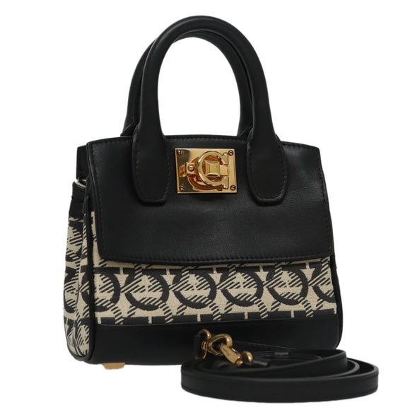 Salvatore Ferragamo Gancini Bag Canvas Leather 2way White Black Auth 104438AV