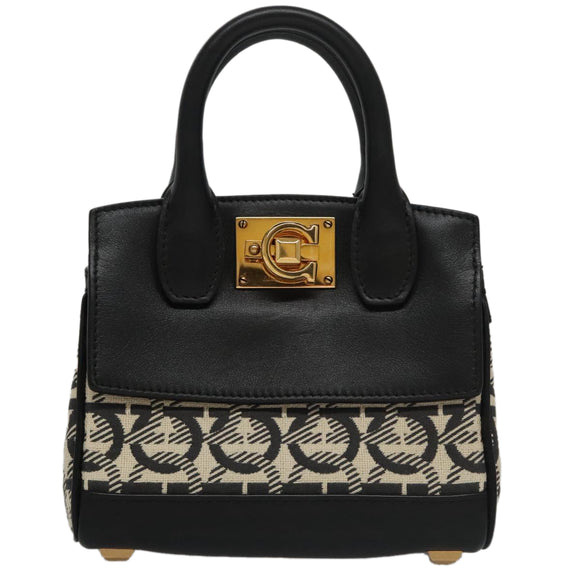 Salvatore Ferragamo Gancini Bag Canvas Leather 2way White Black Auth 104438AV