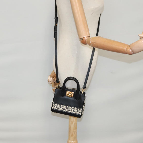 Salvatore Ferragamo Gancini Tas Canvas Leer 2way Wit Zwart Auth 104438V