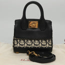 Salvatore Ferragamo Gancini Bag Canvas Leather 2way White Black Auth 104438AV-12