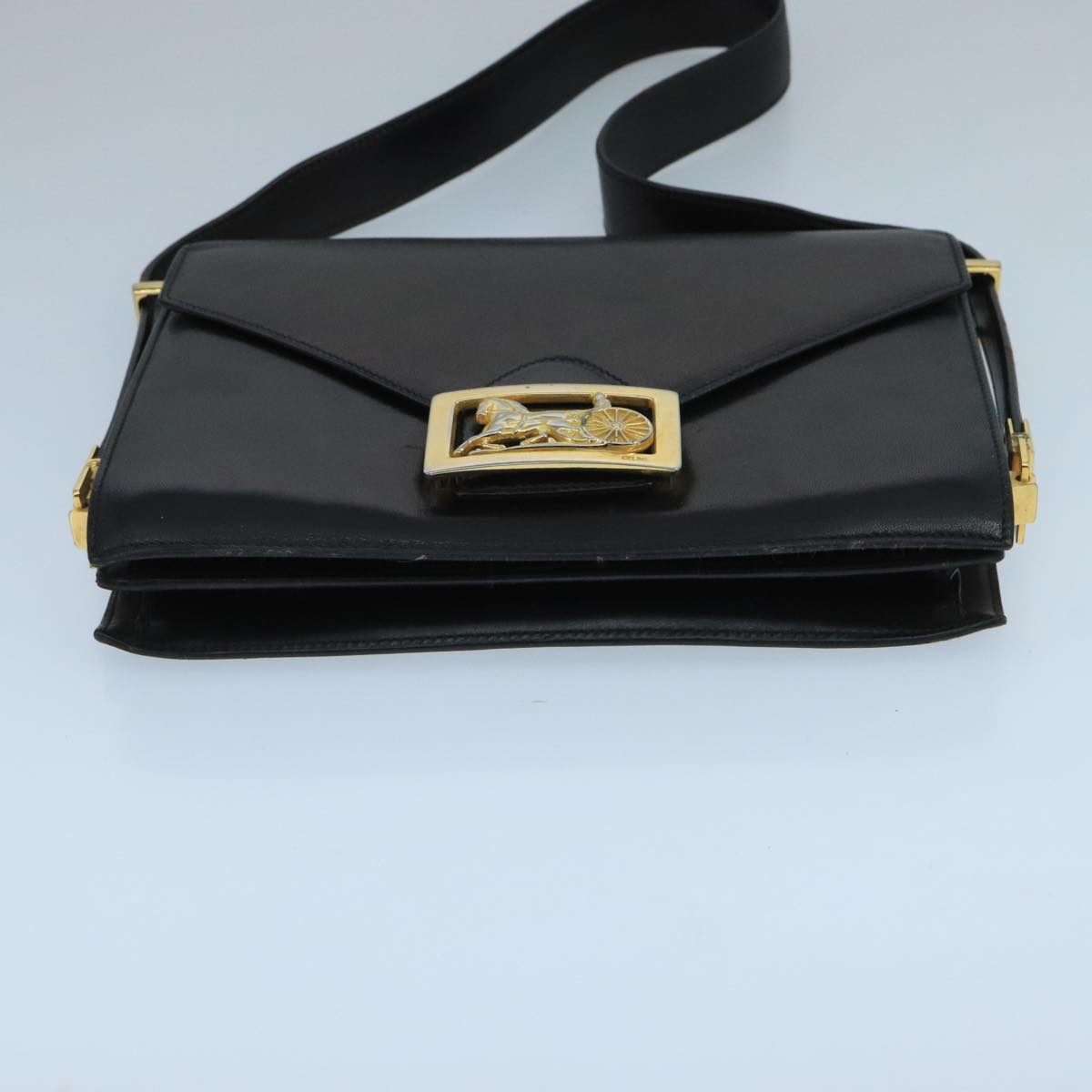 CELINE Horse Carriage Shoulder Bag Leather Black Gold Auth 104515