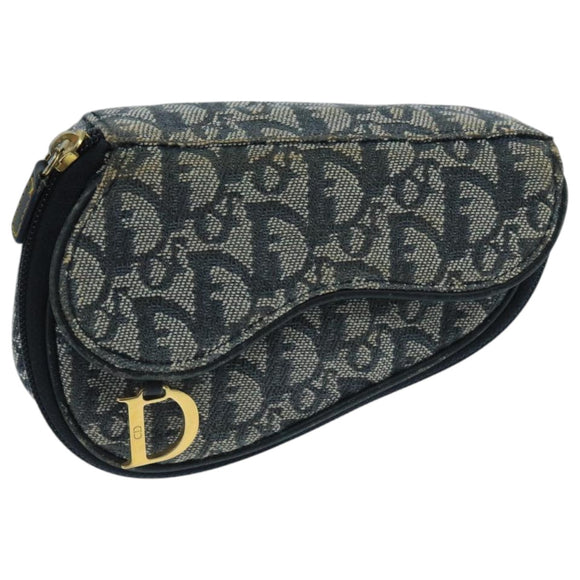 Christian Dior Trotter Canvas Pouch Navy Gold Auth 104571