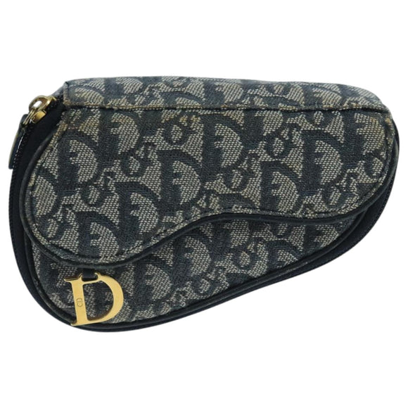 Christian Dior Trotter Canvas Pouch Navy Gold Auth 104571