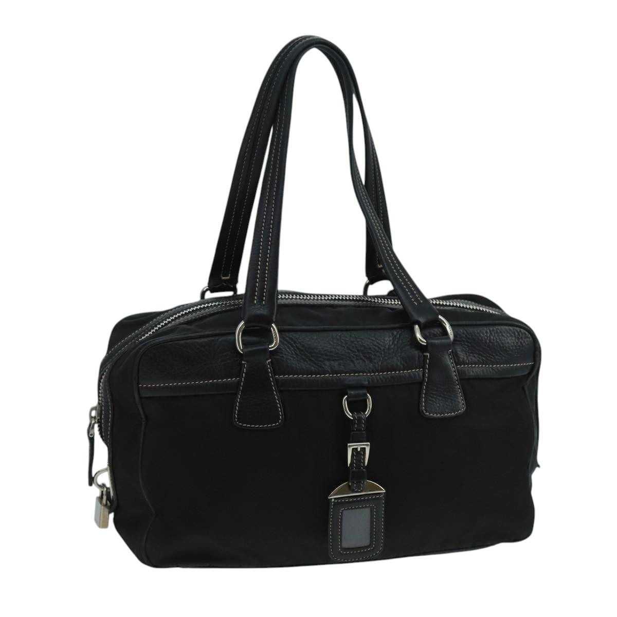 PRADA Hand Bag Nylon Black Silver Auth 104596