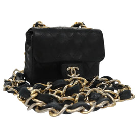 CHANEL Mini Mini Matelasse Chain Waist bag Lamb Skin Black Gold CC Auth 104616