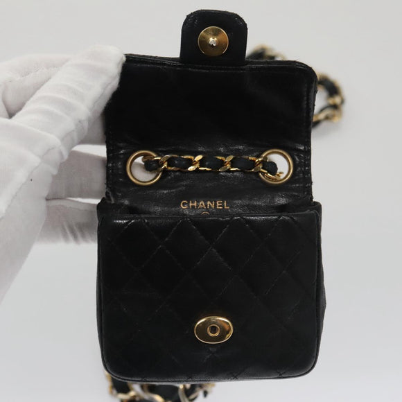 CHANEL Mini Mini Matelasse Chain Waist bag Lamb Skin Black Gold CC Auth 104616