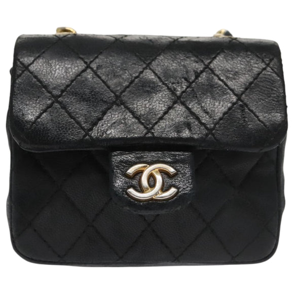 CHANEL Mini Mini Matelasse Chain Waist bag Lamb Skin Black Gold CC Auth 104616
