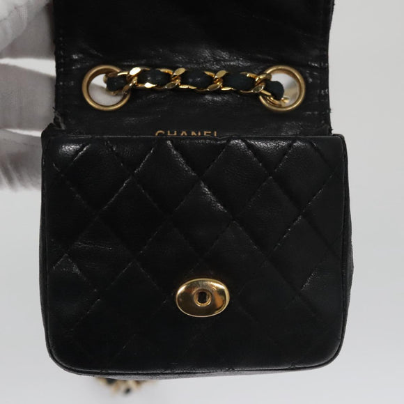 CHANEL Mini Mini Matelasse Chain Waist bag Lamb Skin Black Gold CC Auth 104616