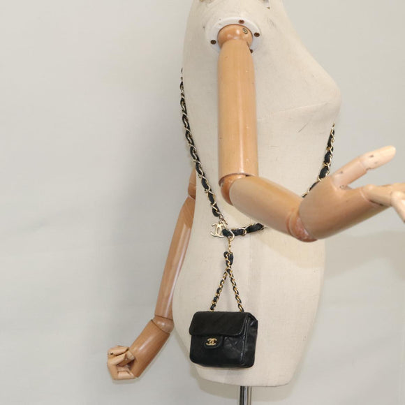 CHANEL Mini Mini Matelasse Chain Waist bag Lamb Skin Black Gold CC Auth 104616