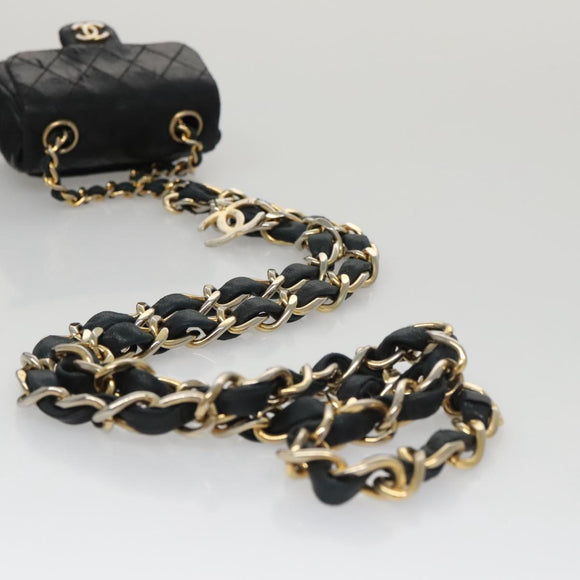 CHANEL Mini Mini Matelasse Chain Waist bag Lamb Skin Black Gold CC Auth 104616