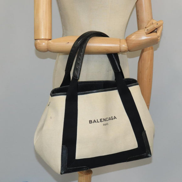 BALENCIAGA Navy Cabas S Tote Bag Canvas Leather Beige Black 339933 Auth 104736