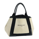 BALENCIAGA Navy Cabas S Tote Bag Canvas Leather Beige Black 339933 Auth 104736-1