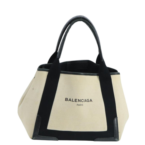 BALENCIAGA Navy Cabas S Tote Bag Canvas Leather Beige Black 339933 Auth 104736