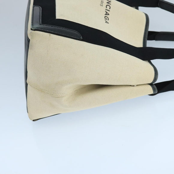 BALENCIAGA Navy Cabas S Tote Bag Canvas Leather Beige Black 339933 Auth 104736