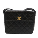 CHANEL Matelasse Shoulder Bag Lamb Skin Black Gold CC Auth 104998A-2