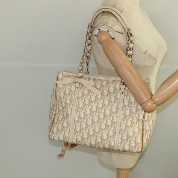 Christian Dior Trotter Canvas Romantic Shoulder Bag PVC Beige Silver Auth 105054