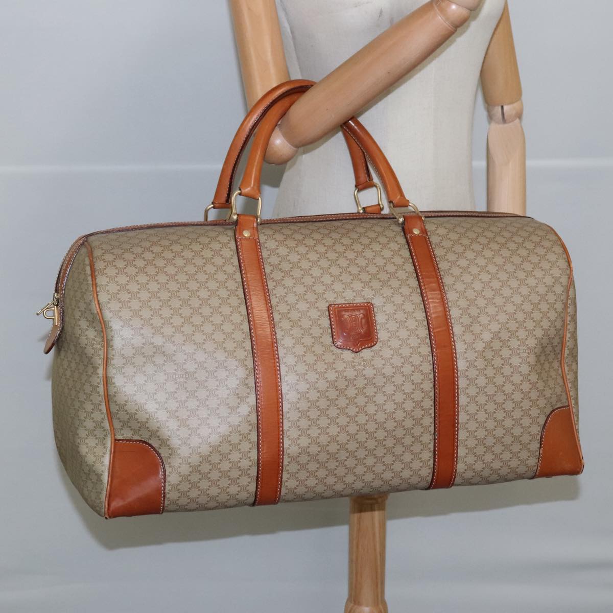 CELINE Macadam Canvas Boston Bag Beige Auth 105124