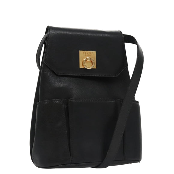 CELINE Shoulder Bag Leather Black Gold Auth 105175