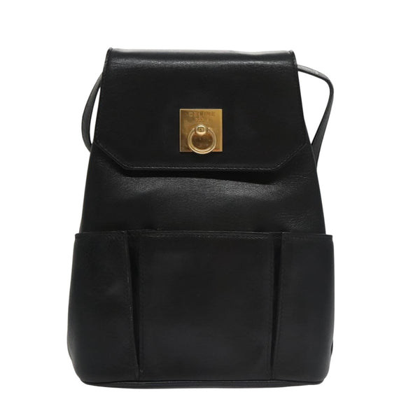 CELINE Shoulder Bag Leather Black Gold Auth 105175