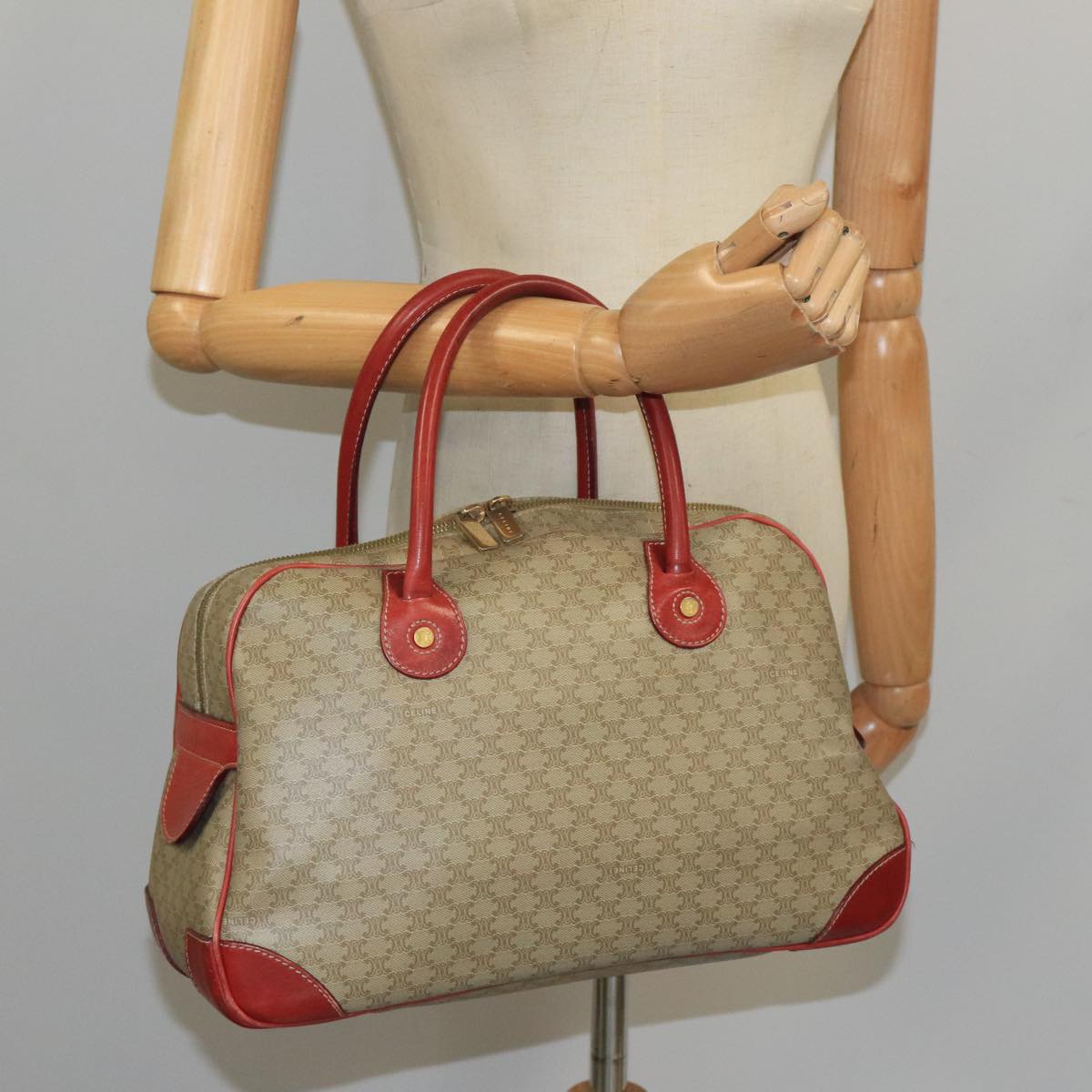 CELINE Macadam Canvas Hand Bag Beige Gold Red Auth 105242