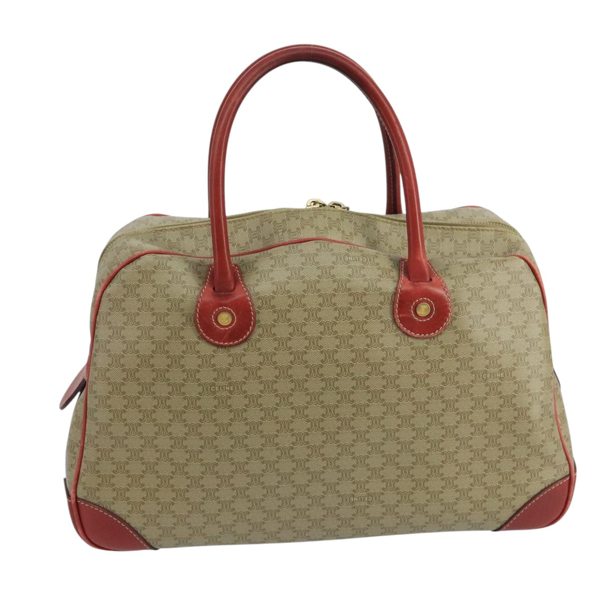 CELINE Macadam Canvas Hand Bag Beige Gold Red Auth 105242