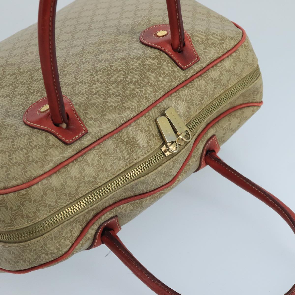 CELINE Macadam Canvas Hand Bag Beige Gold Red Auth 105242