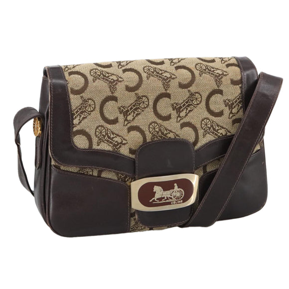 CELINE C Sulky Shoulder Bag Canvas Leather Beige Brown Gold Auth 105314
