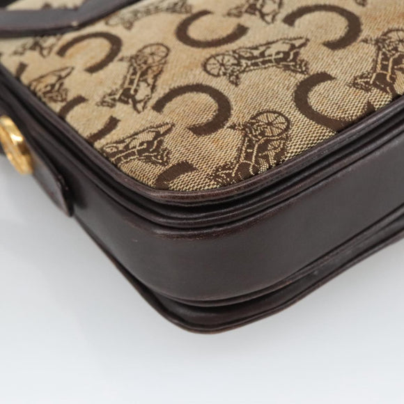 CELINE C Sulky Shoulder Bag Canvas Leather Beige Brown Gold Auth 105314