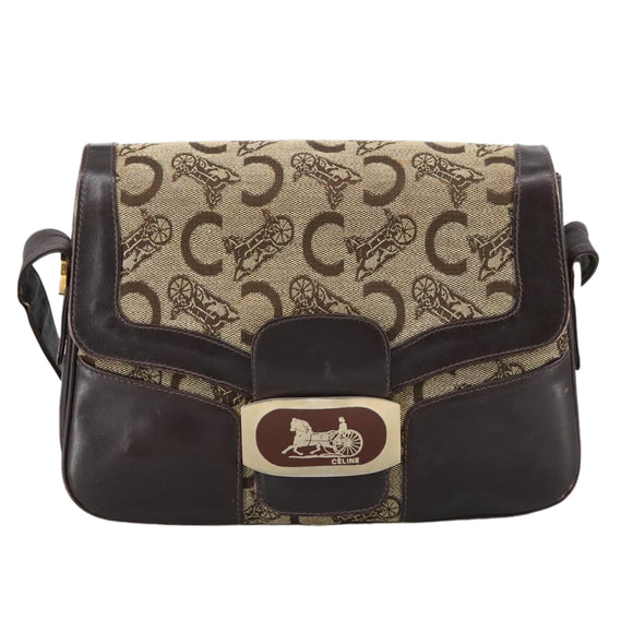 CELINE C Sulky Shoulder Bag Canvas Leather Beige Brown Gold Auth 105314