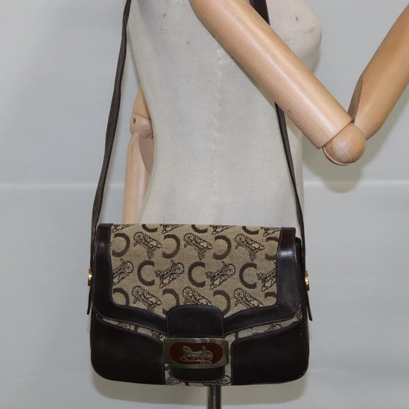 CELINE C Sulky Shoulder Bag Canvas Leather Beige Brown Gold Auth 105314