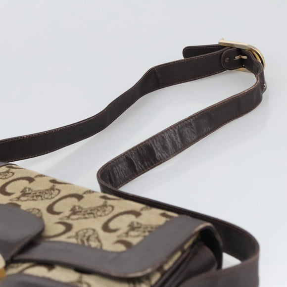 CELINE C Sulky Shoulder Bag Canvas Leather Beige Brown Gold Auth 105314