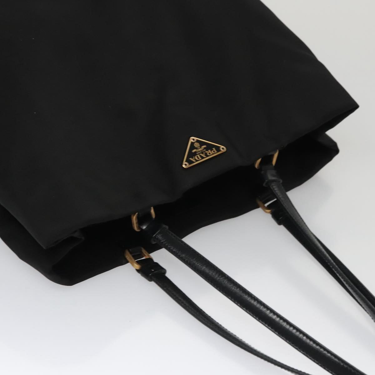 PRADA Tote Bag Nylon Leather Black Gold Auth 105319