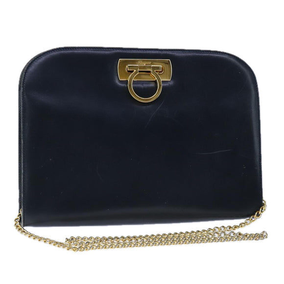 Salvatore Ferragamo Gancini Chain Shoulder Bag Leather Navy Gold Auth 105376