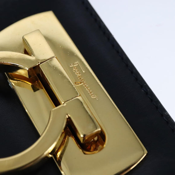 Salvatore Ferragamo Gancini Chain Shoulder Bag Leather Navy Gold Auth 105376