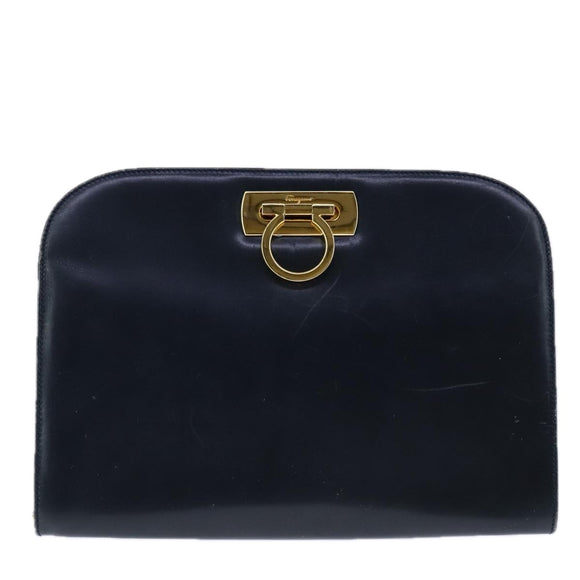 Salvatore Ferragamo Gancini Chain Shoulder Bag Leather Navy Gold Auth 105376
