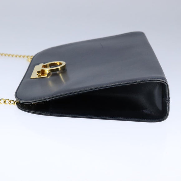 Salvatore Ferragamo Gancini Chain Shoulder Bag Leather Navy Gold Auth 105376