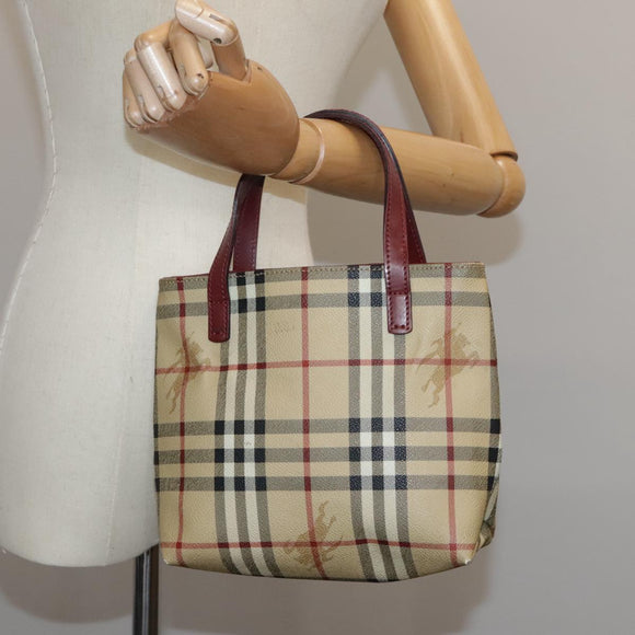 BURBERRY Nova Check Hand Bag PVC Leather Beige Auth 105625