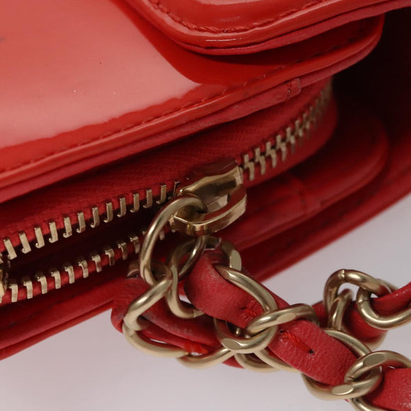 CHANEL Chain Second Bag Patent Leather Red Silver CC Auth 105697
