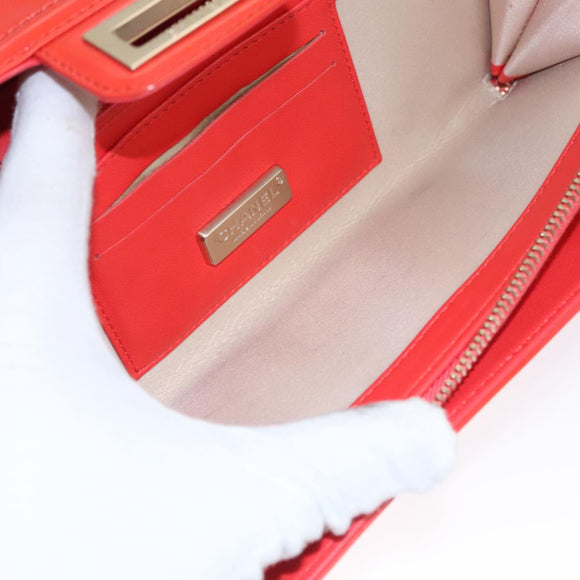 CHANEL Chain Second Bag Patent Leather Red Silver CC Auth 105697